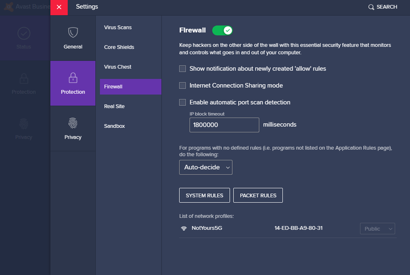 Avast&#x27;s sidebar navigation with Firewall module selected showing firewall features