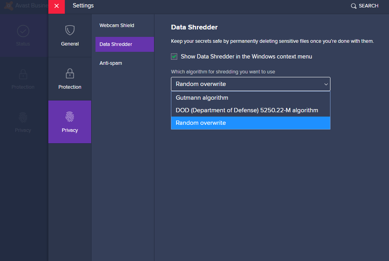 Avast&#x27;s sidebar menu with Data Shredder module selected displaying advanced shredding options
