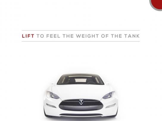 Tesla advertisement with copy at the top and a picture of a white Tesla vehicle at the bottom.