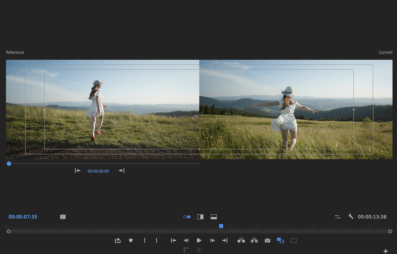 The comparison view in the program monitor of Premiere Pro, showing two shots side-by-side.