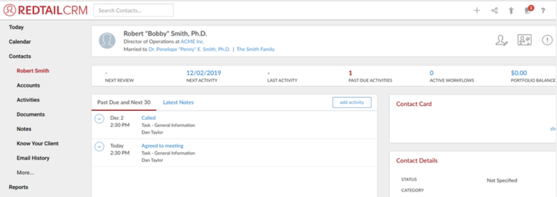 A screenshot of a contact card in Redtail CRM.