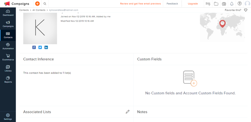 The contact management screen for Zoho Campaigns.