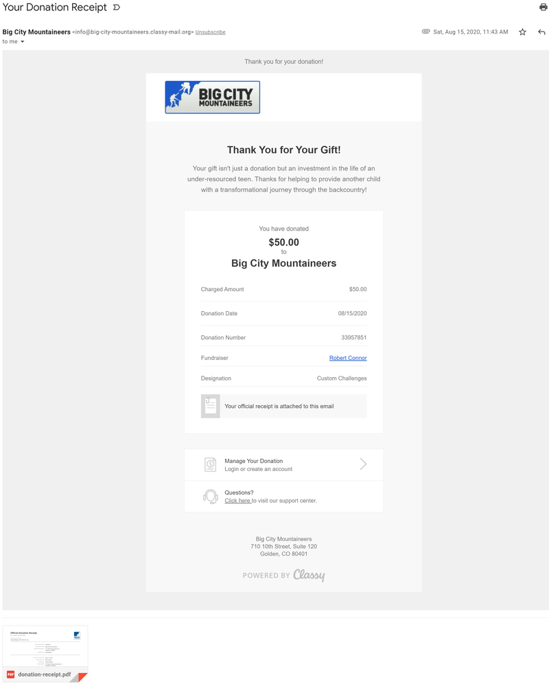 An emailed donation receipt from Big City Mountaineers, addressed to the author of this article, displaying basic donation receipt information along with an attached PDF of an official donation receipt.