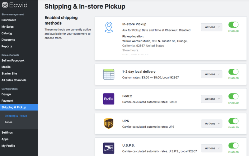 Ecwid’s shipping hub showing options for in-store pickup, local delivery calculations, delivery services and more.