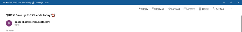 A subject line from an email from health and beauty retailer Boots announcing a flash sale.