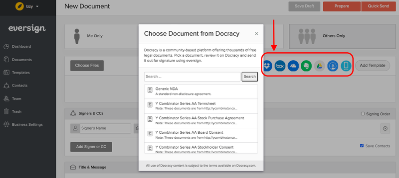 A popup window appears when a third-party integration option is chosen on the document preparation page.