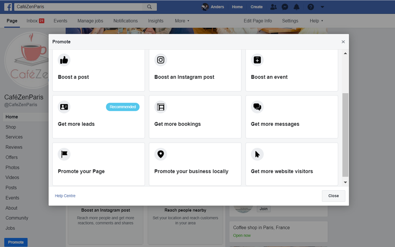 Screenshot of Facebook Promote page
