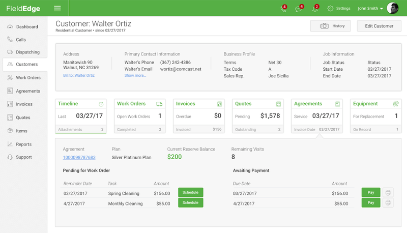 FieldEdge customer screen showing contact information, work order information, invoice & billing information, etc.