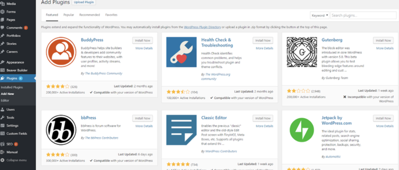 Screenshot of the WordPress plug-in library, with top featured integrations including editor options and troubleshooting.