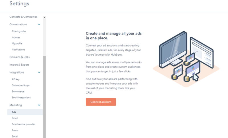 The marketing and ads settings section of HubSpot CMS, showing the left toolbar for other selections.
