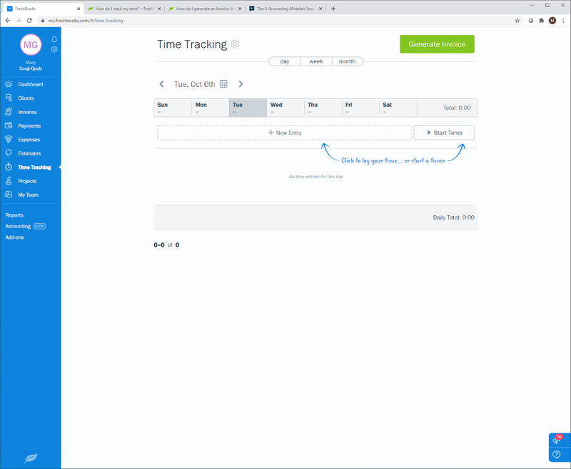 FreshBooks time-tracking option with new entry and timer options.