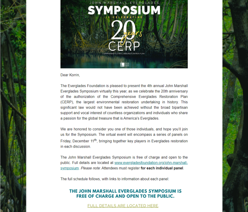 Screenshot of an email from the Everglades Foundation to this article’s author is addressed “Dear Korrin” and then shares information about an upcoming event the nonprofit is hosting.