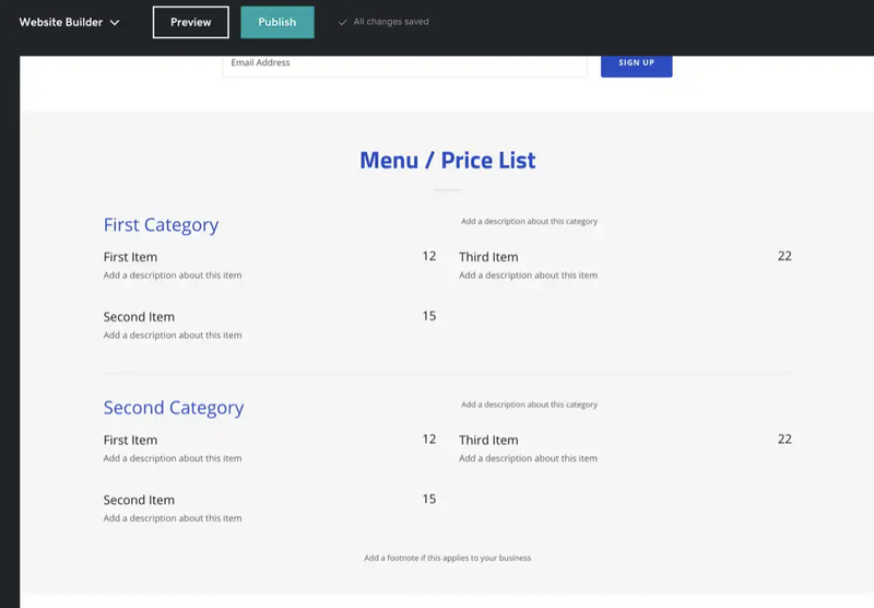 The GoDaddy web builder price list for creating a business site.