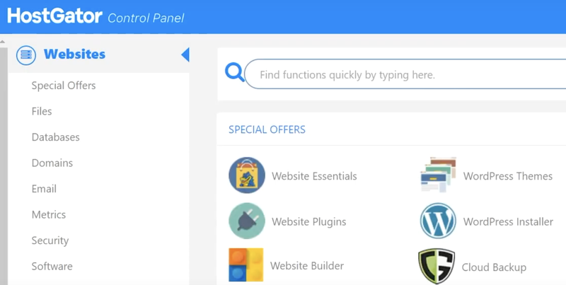HostGator’s control panel menu for managing your hosting account with various colorful icons.