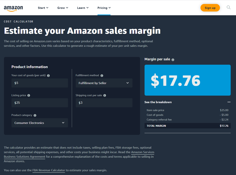 Screenshot from the Amazon cost calculator.