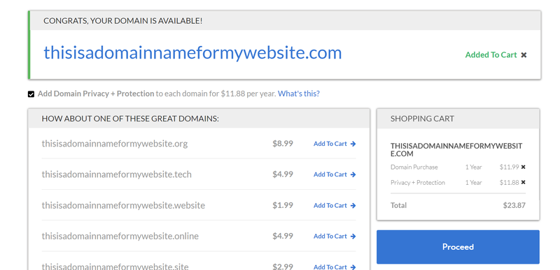 A computer screen featuring domain name options and an online shopping cart.