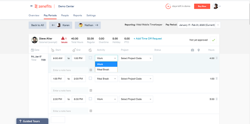 Screenshot of Zenefit's Employee Timesheet