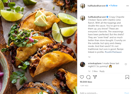 An Instagram post featuring a photo of crispy chipotle chicken tacos with cilantro and lime.