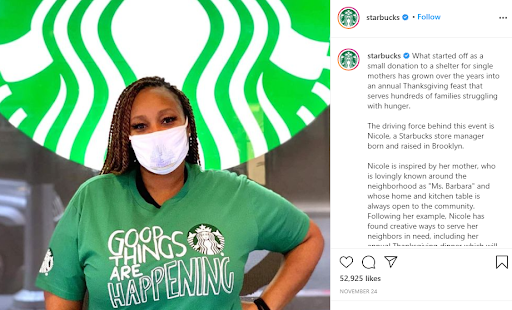 An Instagram post featuring a picture of a Brooklyn Starbucks manager.