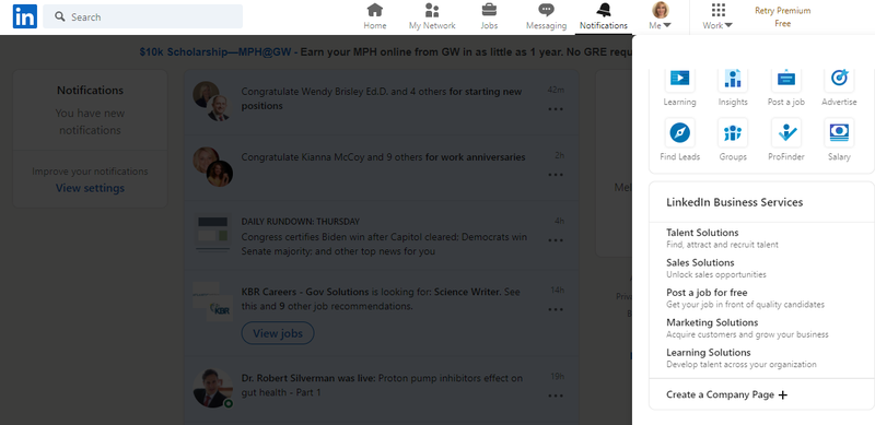 The LinkedIn homepage after you click on the work icon in the right corner.