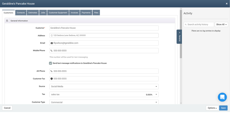 mHelpDesk customer entry screen with fields to input customer details such as name, phone, address, etc.