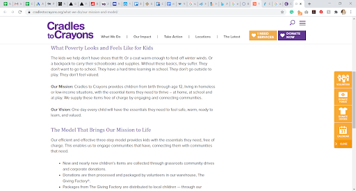 A screenshot of Cradles to Crayons’ mission statement from its website.