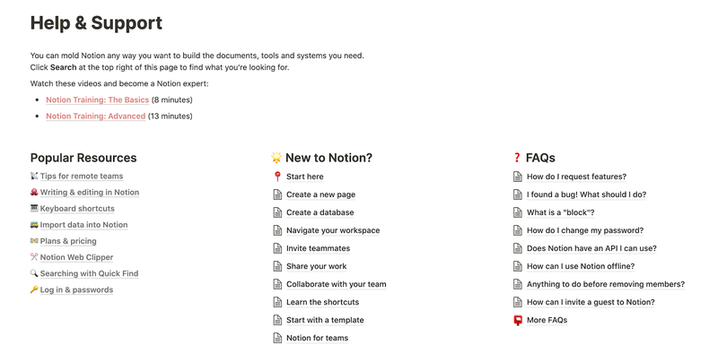 Notion website support page.