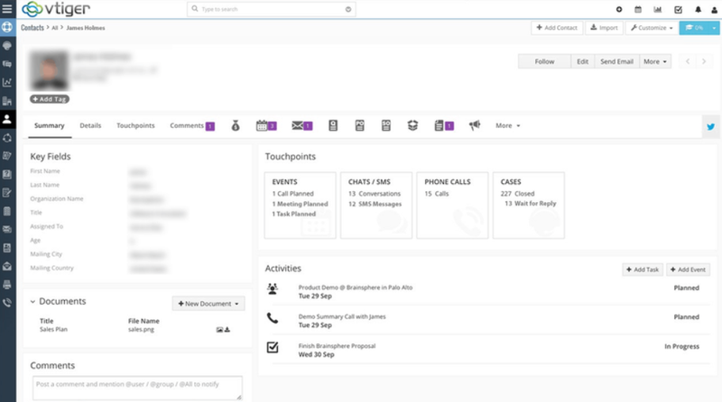 The Vtiger Sales CRM dashboard showing customer information.