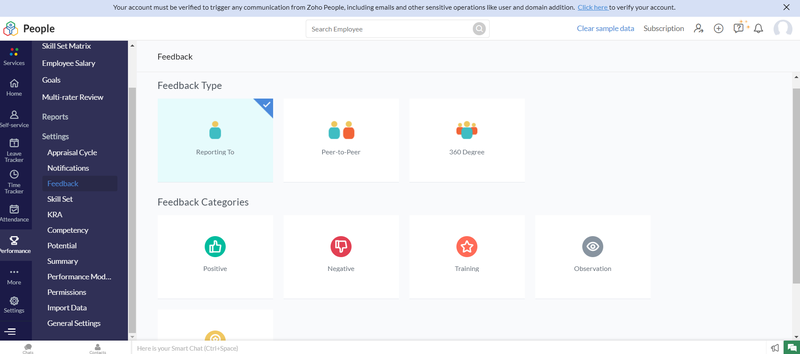 Zoho People’s feedback functionality organized by feedback type and feedback categories.
