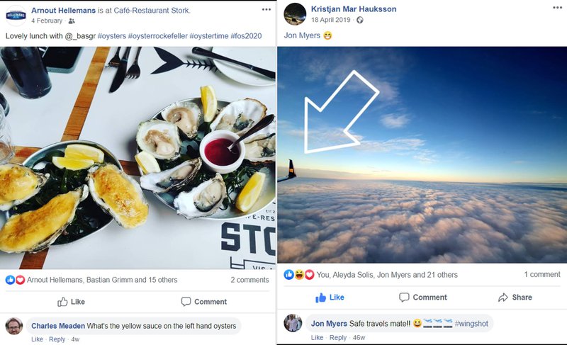 Facebook posts showcasing oysters and the wing of a plane for personal brand promotion.