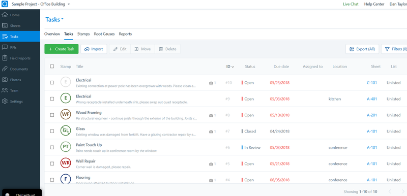 Screenshot of PlanGrid’s task manager