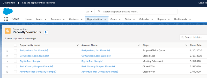 Screenshot of Salesforce's opportunities section.