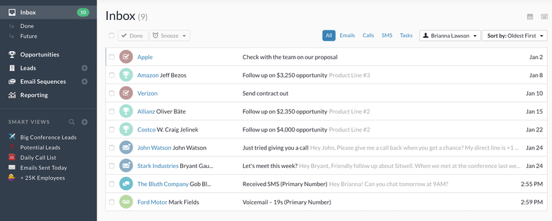 A screenshot of Close email communications center.