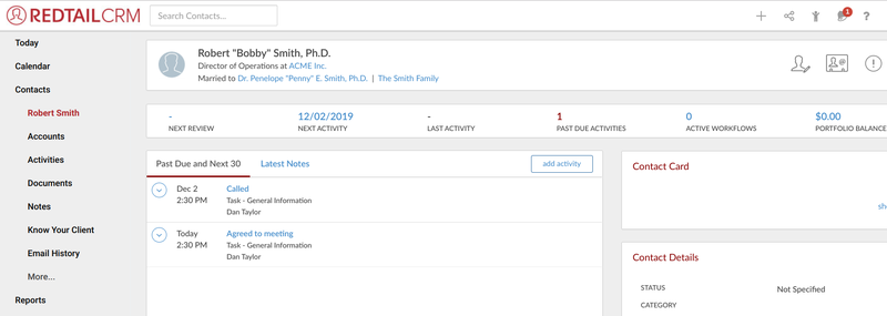 Screenshot of Redtail prospects activities dashboard.