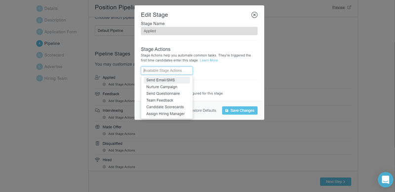 A screenshot of assigning the next best actions to pipeline stages.
