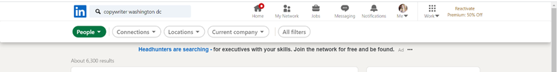 The top of a results page for a LinkedIn search for “copywriter Washington DC.”