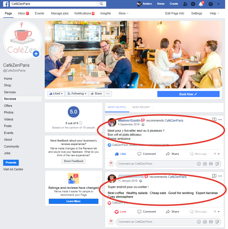 A screenshot of the Facebook page of CaféZen Paris with the most helpful user reviews highlighted.