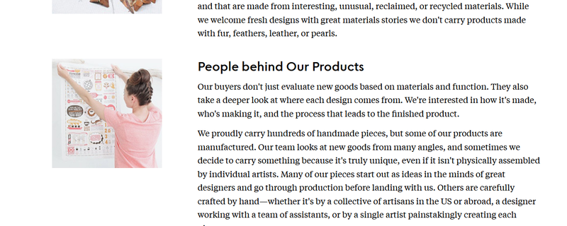 A page from the Uncommon Goods website describing the items and artisans featured on the site.