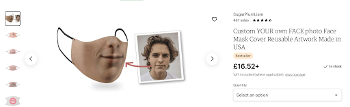 Online store page showing a selfie mask for sale with option to select quantity