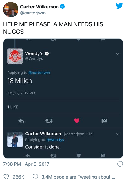Tweet to Wendy's by Carter Wilkerson