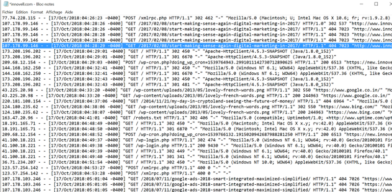 Extract from a server-side log file showing individual http requests and the environment variables that were registered for each.