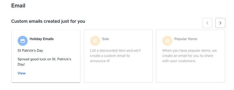 Examples of auto-suggested emails including a holiday email, sale email, and popular items email.