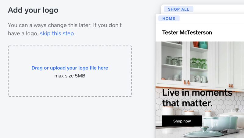 Screenshot showing a dashed line box in which you drag and drop to upload a logo next to a sample web tab displaying a kitchen.