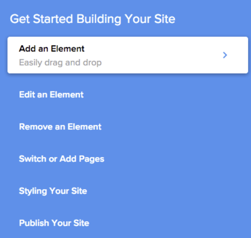 Menu for getting started building your site, for adding, removing, and styling elements.