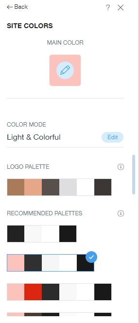 Wix’s site colors toolbar, with the main identified color as pink and various palette options below, including black, white, gray and red compliments.