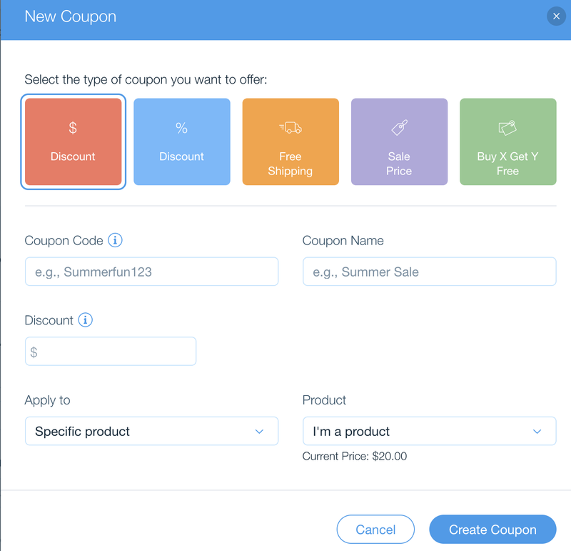 Wix eCommerce kupón tvůrce obrazovka zobrazující možnosti pro vytváření promo kódy včetně $ Sleva % Sleva, Doprava Zdarma, atd.