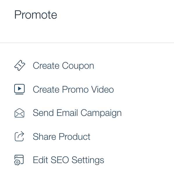 Wix eCommerce ' s product promotion toolbar featuring options to create a coupon, make a promo video, edit SEO and more.